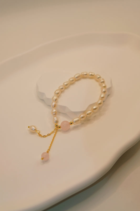 Natural Freshwater Pearl Elastic Crystal Bracelet-Pink