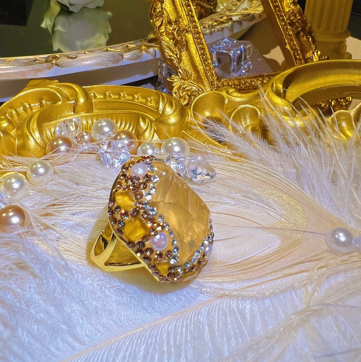 Natural Freshwater Baroque Pearl Yellow Crystal Ring