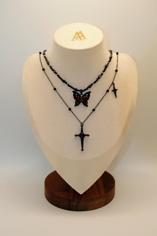 Butterfly Dance Series - Earth Butterfly+Starry Cross Layered Necklace