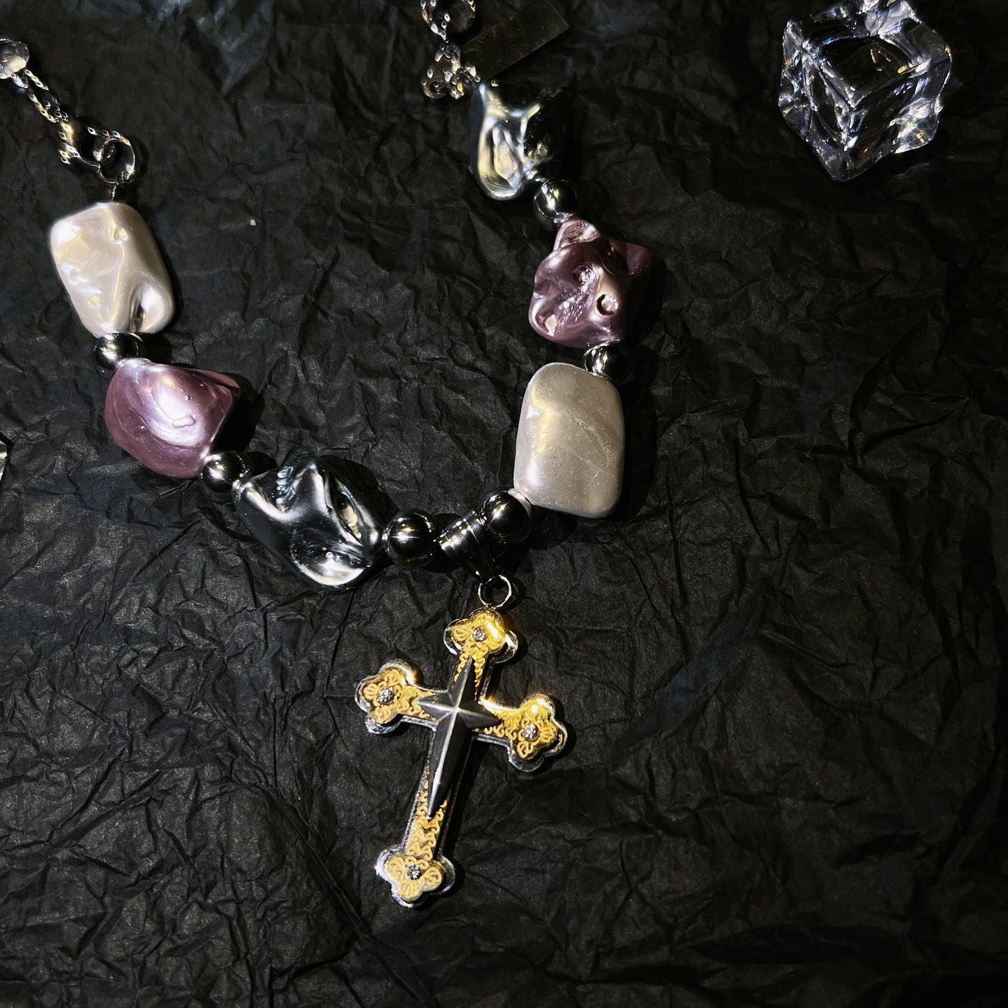 Irregular Pearl Cross Necklace